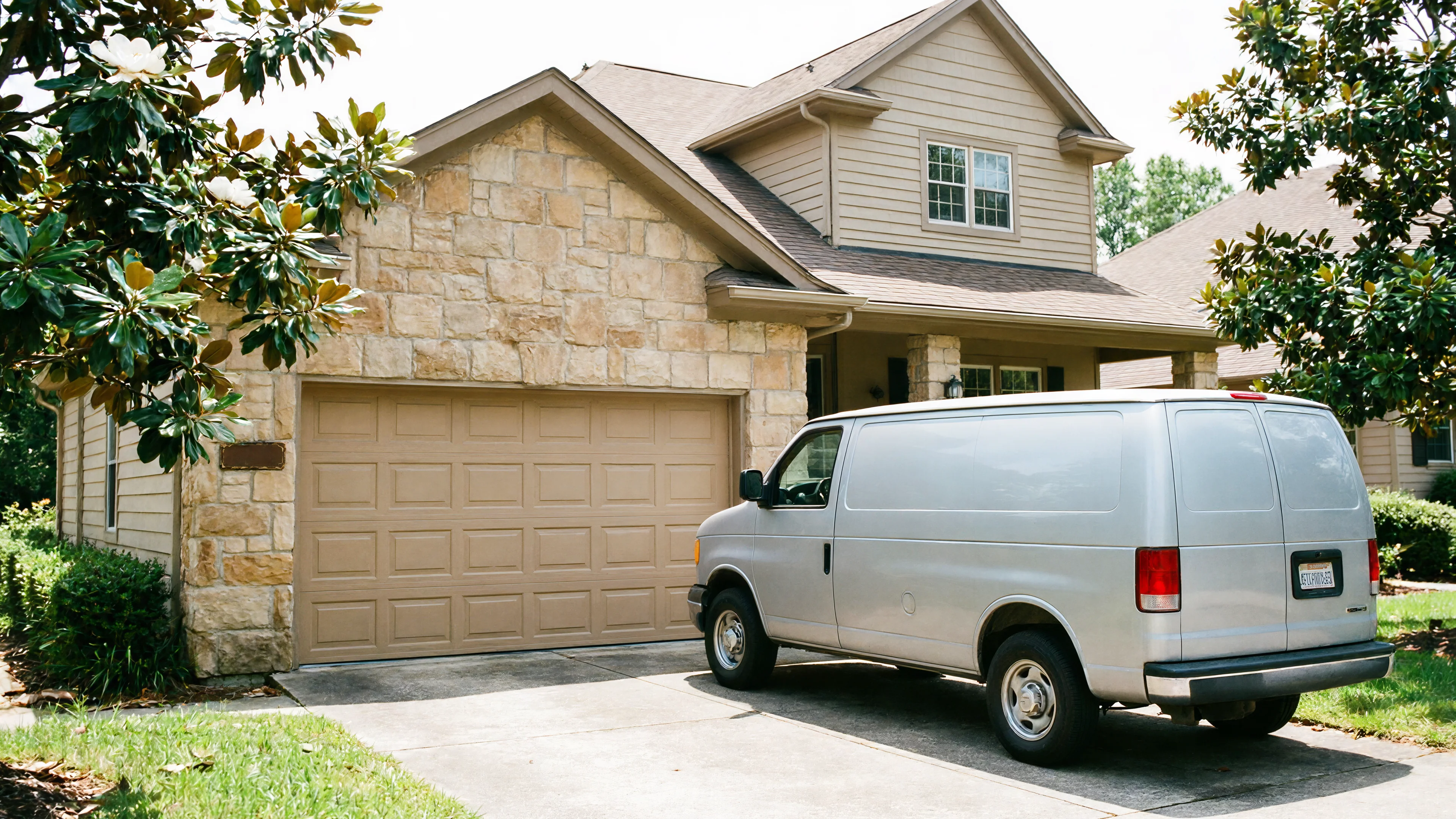 A light brown garage door is on a house with a gray van in the driveway.